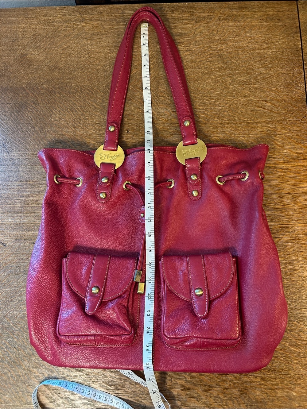 Sharif Americana Red Genuine Pebble Leather Large Hobo Shoulder Bag - Picture 13 of 16